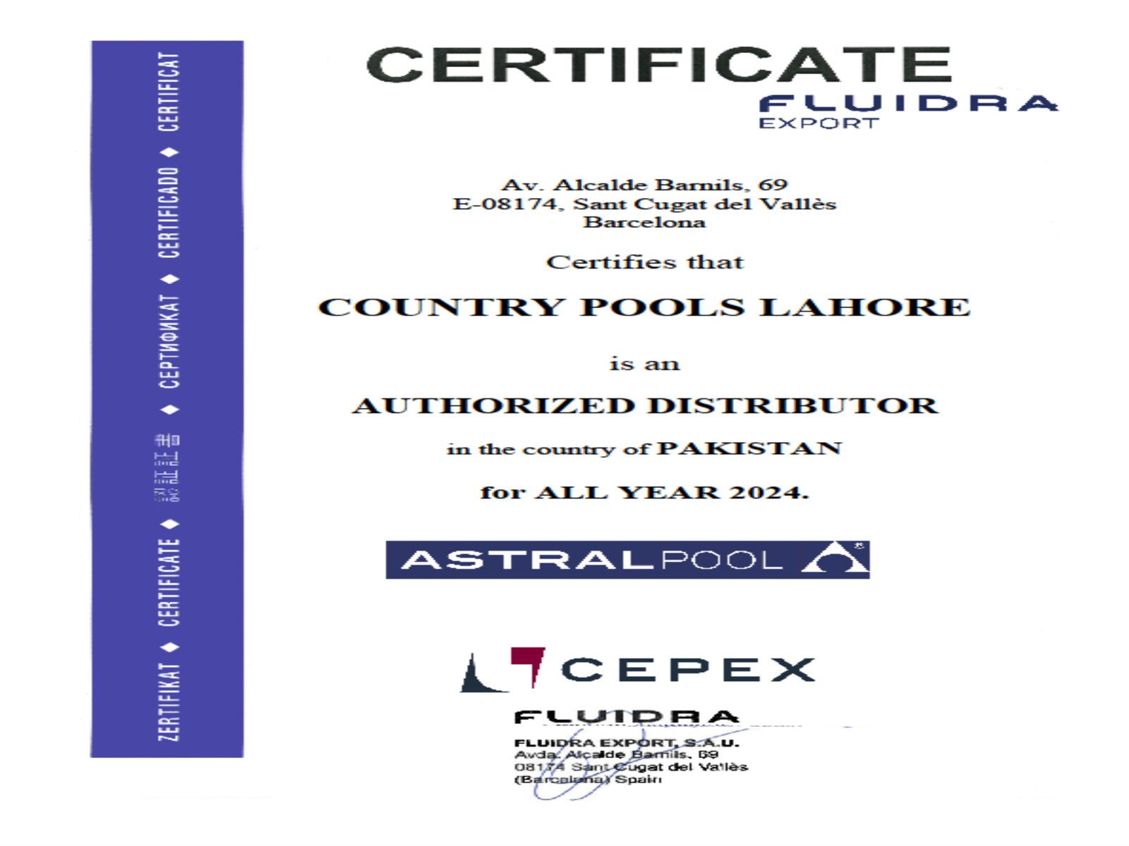 Authorized Distributor certificate for AstralPool (Spain)